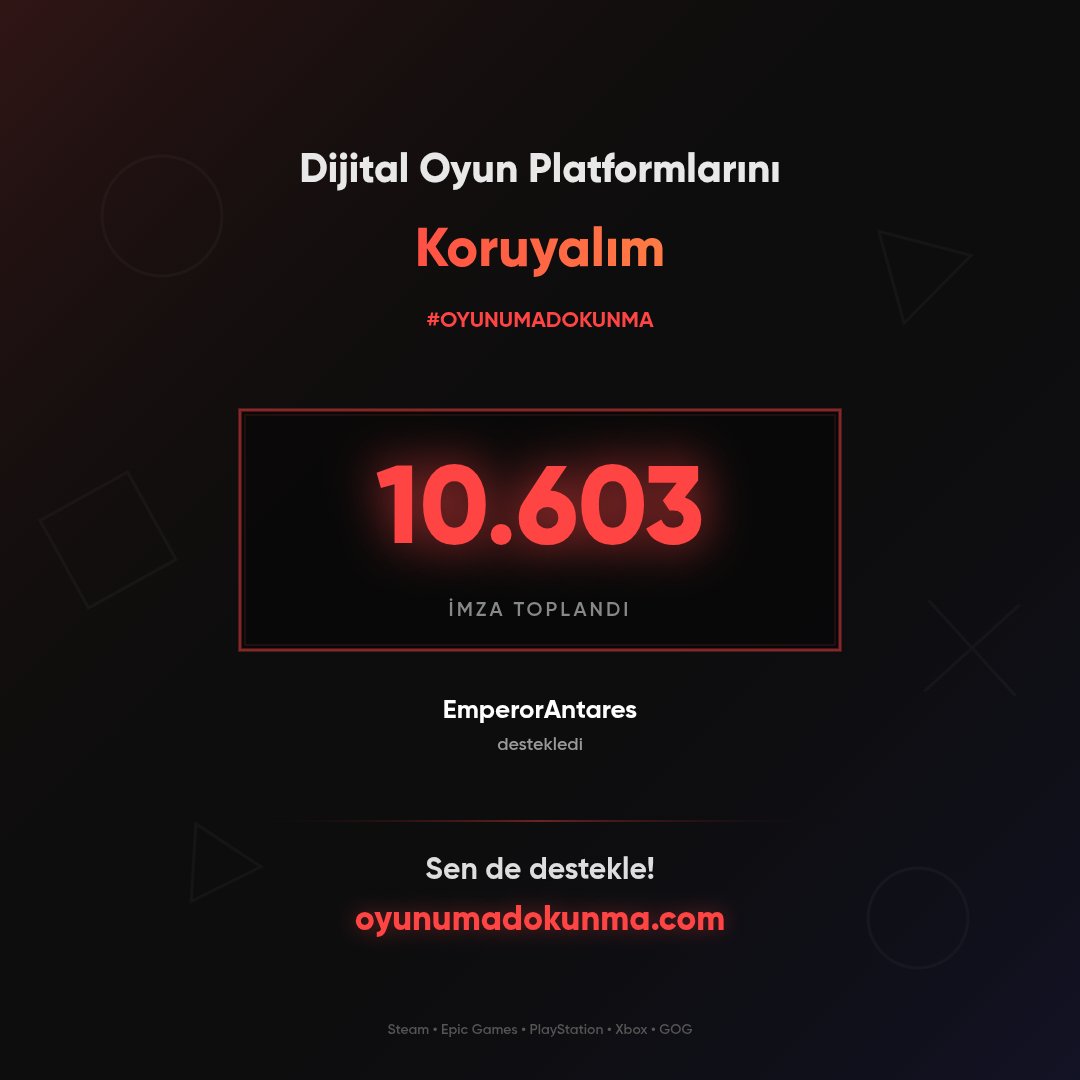 sadece oyun nickinizi yazarak imza atabildiğiniz bir site çıkmış dostlar, sesimizi erkenden duyurmak en güzeli
oyunumadokunma.com
sitenin linki, gören herkes lütfen 1 imzadan ne olacak demeyin, damlaya damlaya göl, deniz, okyanus olur
#OYUNUMADOKUNMAYIN
#OYUNBİZİMHAKKIMIZ