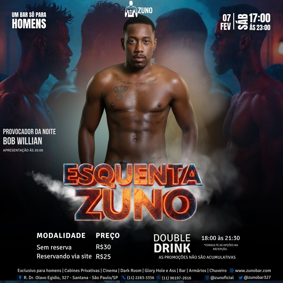 zunobar327's tweet photo. Sábado é de aquecimento no ZUNO.
@BobWillian_ puxa o ritmo da noite com double drink e clima intenso.
Confira a agenda completa da semana.
🎟️ Garanta com desconto: https://t.co/VNHxDpewgU
#ZUNO #CruisingSP #PegaçaoSP #gaycruising #espacozn #saunagay https://t.co/fIQewts3Qc
