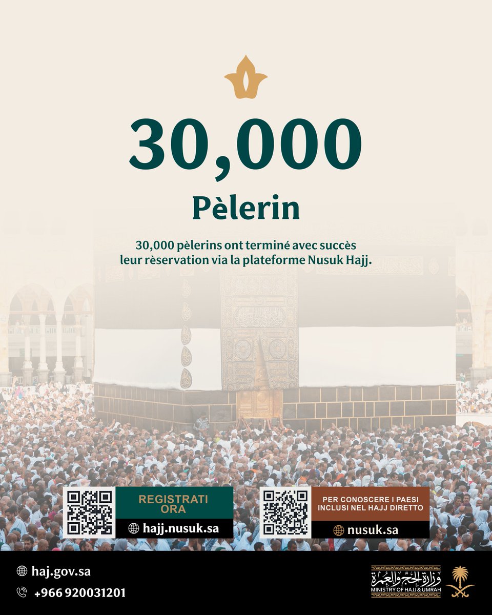 30,000 Les réservations restent disponibles sur la plateforme Nusuk Hajj, et en cas d’achèvement des quotas des pays inclus, veuillez suivre les prochaines étapes car des forfaits supplémentaires seront disponibles via la plateforme: hajj.nusuk.sa
