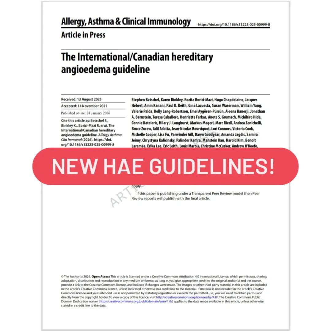 danielsimac's tweet photo. The new International/Canadian Hereditary Angioedema Guideline dropped a few days ago (https://t.co/OjCZBTLwft). It's exciting as an #HAE specialist, and to see my name listed among the references, even for a minuscule contribution, but still something I'm proud of. https://t.co/XX8hGwOp4n