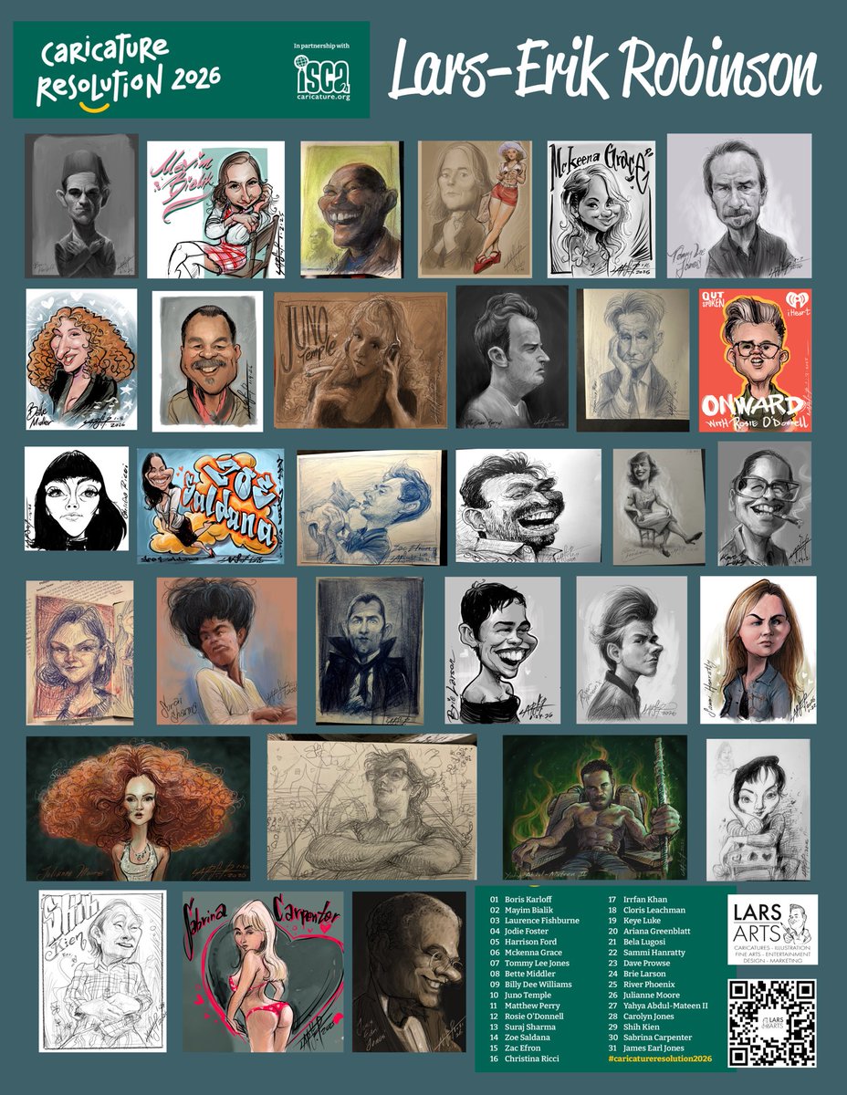larserarts's tweet photo. Finally at the end of this years #caricatureresolution2026 #art #caricature challenge completed. A lot of these drawings are done each with in one day, and times range from 20 minutes to 3 hours. They are mostly done late towards the end the day. https://t.co/CXZqRNKt3l