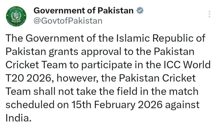 chaudharyk90714's tweet photo. #ICCT20WORLDCUP | Pakistan will not play the match against India on February 15th, tweets Government of Pakistan https://t.co/MjzCQtGy7o