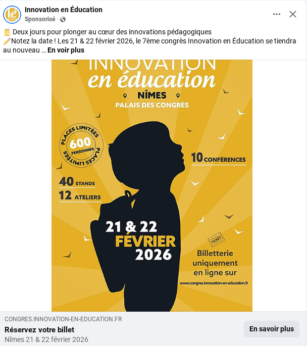 2vanssay's tweet photo. 🚨 #DérivesScolaires &amp; #DérivesSectaires 🚨
Quand la publicité ciblée masque des réseaux à haut risque

Depuis quelques jours, des posts sponsorisés visant explicitement les enseignantes et enseignants promeuvent le congrès « Innovation en Éducation », prévu bientôt à Nîmes. https://t.co/QkVZAeXUiT