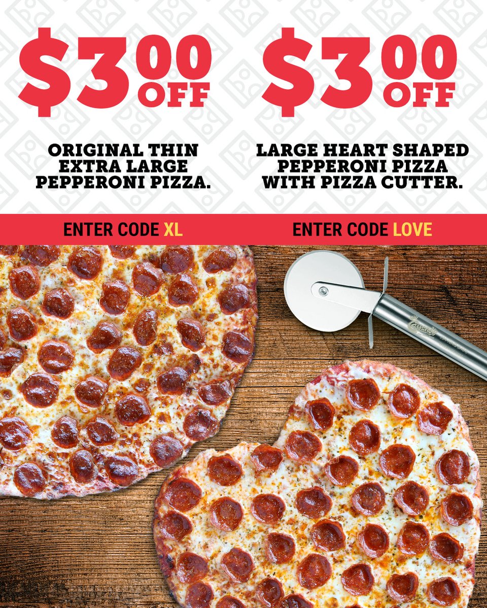 🚨 February special just dropped!
Get $3 OFF an Extra Large Pepperoni Pizza (Code: XL) OR if you're in the mood, save $3 on a Large Heart-Shaped Pizza (Code: LOVE) ❤️🍕 all month long!