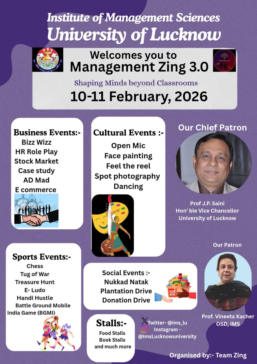 IMS welcomes you all to MANAGEMENT ZING 3.0 ⁦<a href="/dswlkouniv/">Dean Students’ Welfare, UoL</a>⁩ ⁦<a href="/ippr_lkouniv/">IPPR, University of Lucknow</a>⁩ ⁦<a href="/lkouniv/">University of Lucknow</a>⁩