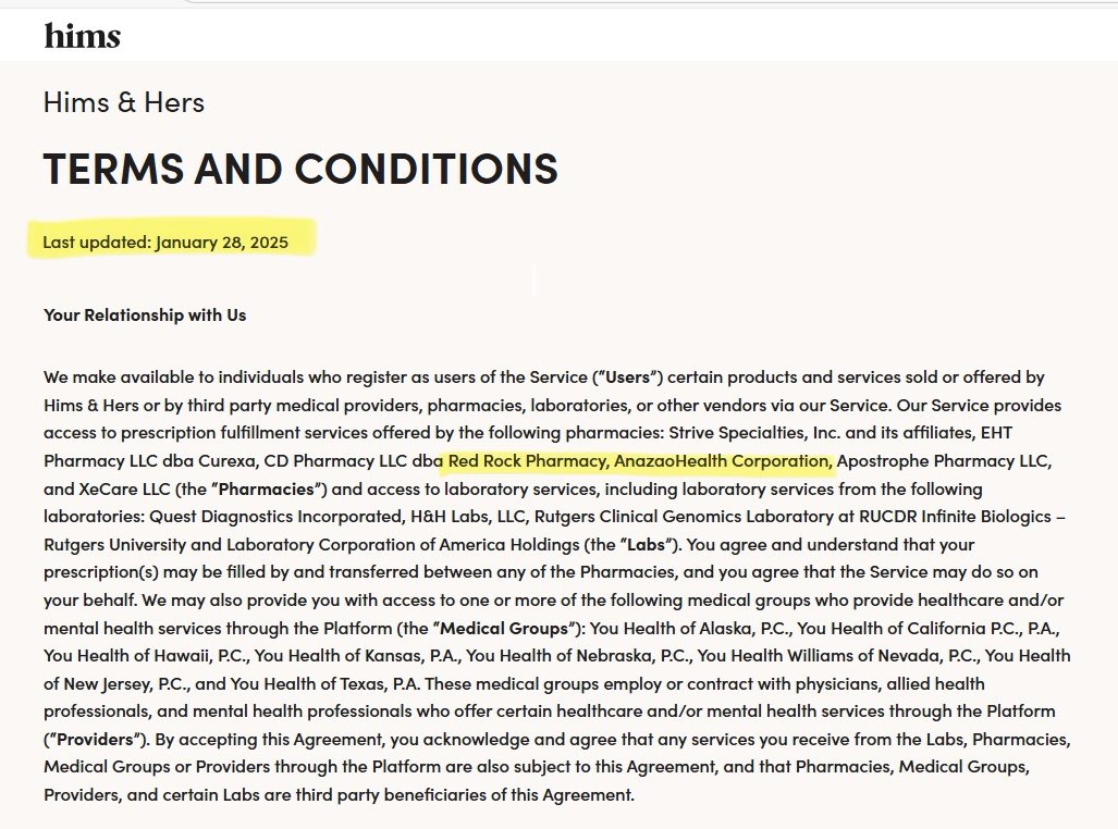 JerBearRN's tweet photo. 🚨💊 $HIMS HIMS PEPTIDES

‼️ On 1/28, HIMS quietly updated their Terms & Conditions pages to include two brand new Pharmacy Fulfilment Partners.  Verified with Wayback machine, these new pharmacies were not listed previously.

‼️ On 1/29, HIMS debuted their Super Bowl ad with a Peptides/Longevity & TRT focus

‼️ AnazaoHealth & RedRock Pharmacies are Specialized Peptide & TRT Testosterone compounders. HIMS adds new fulfillment partners to their ecosystem in a strategic way to create redundancy.  I verified that the States Red Rock Pharmacy isn’t licensed to ship to, AnazaoHealth is licensed.  Combined they provide coverage to all 50 states.

➡️ These NEWLY added pharmacies have FOUR overlapping products:

-NAD+
-Sermorelin
-Glutathione
-Injectable Testosterone

🏈 Given that HIMS will air their Super Bowl ad on 2/8…

👉 …and that this ad highlights Peptides & Testosterone, $HIMS is positioned for a new product announcement any day now