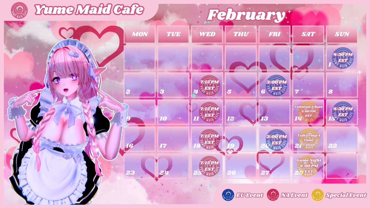 Hello Dreamers!!!
Another month another calendar full of events for you all.
Plenty of special events this month and we would be honoured if you joined us!
discord.gg/yumemaidcafe
#vrchat #VRC #YumeMaidCafe