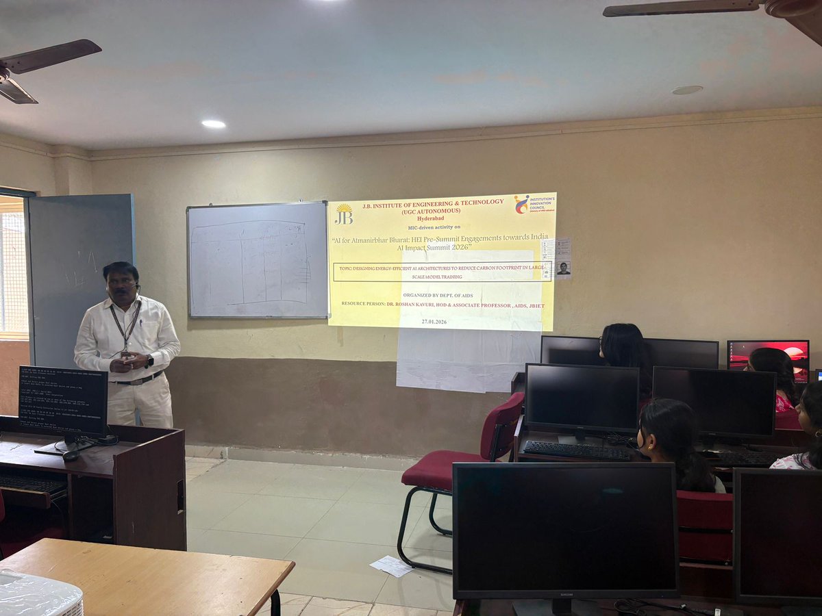 JBIETUpdates's tweet photo. Building responsible &amp; energy-efficient AI for a sustainable India 🇮🇳🤖
An engaging session on reducing carbon footprint in large-scale AI training as part of AI for Atmanirbhar Bharat | AI Impact Summit 2026.

@AICTE_India @PMOIndia @EduMinOfIndia @GoI_MeitY https://t.co/bANTJDSWvW