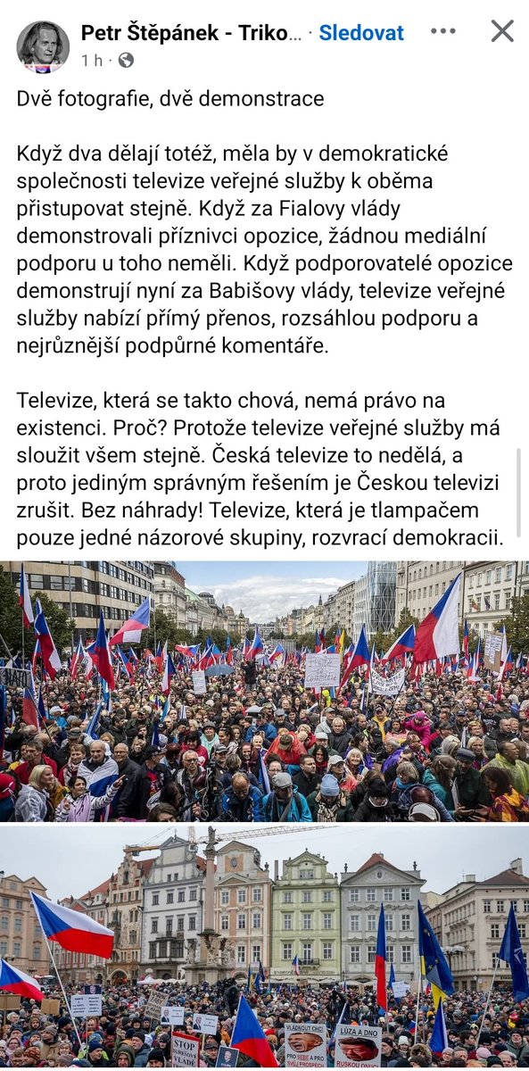 Když se demonstrovalo za minulé vlády, veřejné média placené od všech tomu dala minimální pozornost a ještě podporovala cíleně posměšný a urážlivý narativ, nyní demošku cíleně maximálně podporují. 
Toto už nemá nic společného s demokracií, tzv. strážci demokracie zcela selhávají.