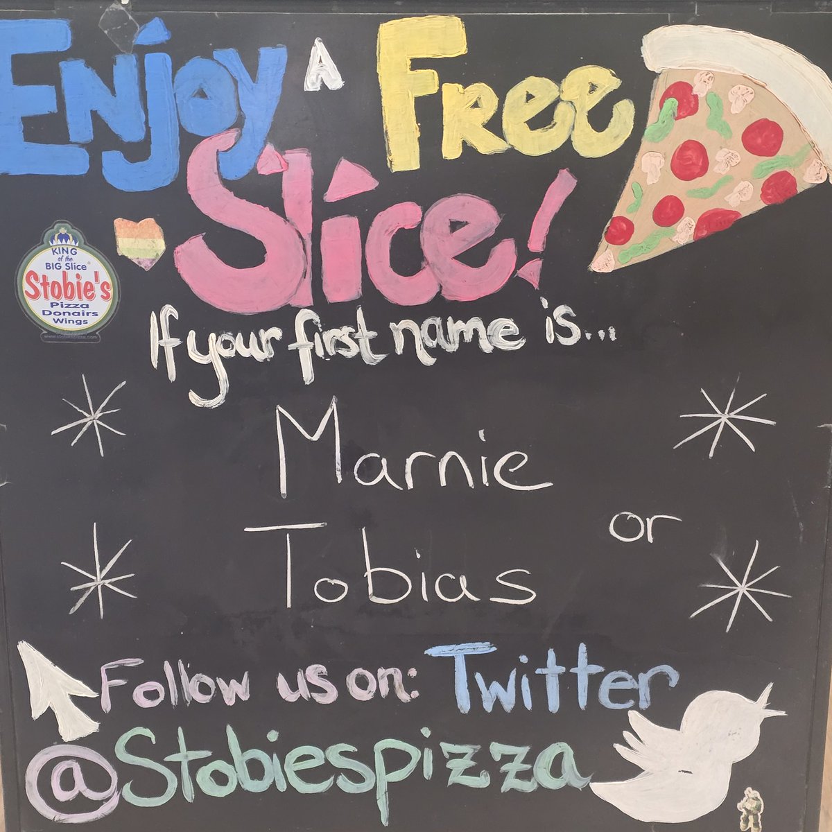 Enjoy a free🍕today if your first name is🥁🥁🥁🥁 Marnie or Tobias 
•
🍕
•
🍕
#Marnie #Tobias #nameday #kingofthebigslice®️👑
#stobiespizza
delivery starts at 11 AM 
Call 519-432-2228 or click or Uber Eats or DoorDash
☎️📲💻🍕🍗🌯🥟🥗🚗😍
🍕