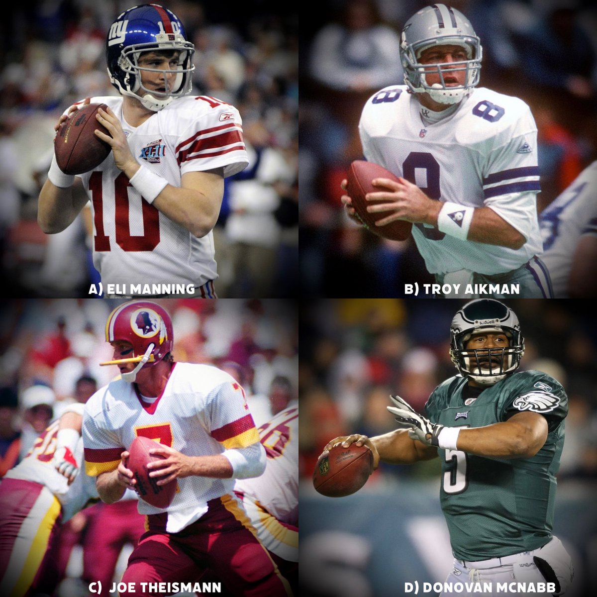 HawkEmDownChris's tweet photo. Who’s the worst NFL quarterback here?

A) Eli Manning
B) Troy Aikman
C) Joe Theismann
D) Donovan McNabb https://t.co/pOAKRzKY42