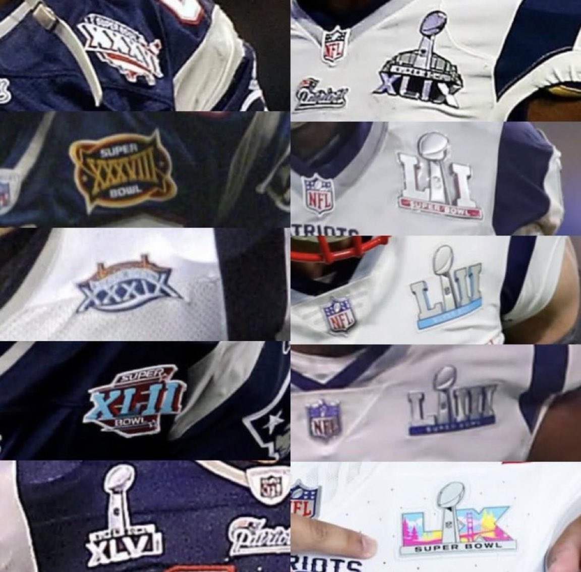 iJordanMoore's tweet photo. I’ve seen the Patriots wear all of these Super Bowl patches in my lifetime.

I’m only 28 😂 https://t.co/HjUf13Mwq2