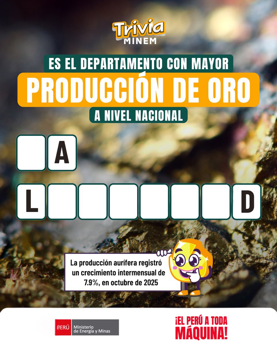 MinemPeru's tweet photo. 🧩 #TriviaMINEM | 🤓☝🏻 ¿Sabías que la producción nacional de oro creció 7.9% en octubre del 2025? 🤔 Adivina qué departamento registró la mayor producción ✨ https://t.co/AFgwzfUH5T