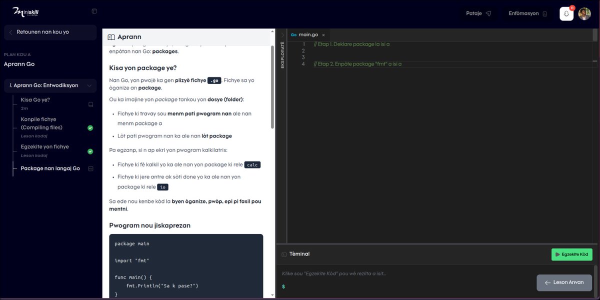 🇭🇹🇭🇹I create the FIRST learning platform for people who speak HAITIAN, where they can learn to code in the MOST EFFICIENT WAY possible.

From their FIRST lesson, they will start WRITING code thanks to a POWERFUL IDE integrated directly into the learning environment. (1/2)