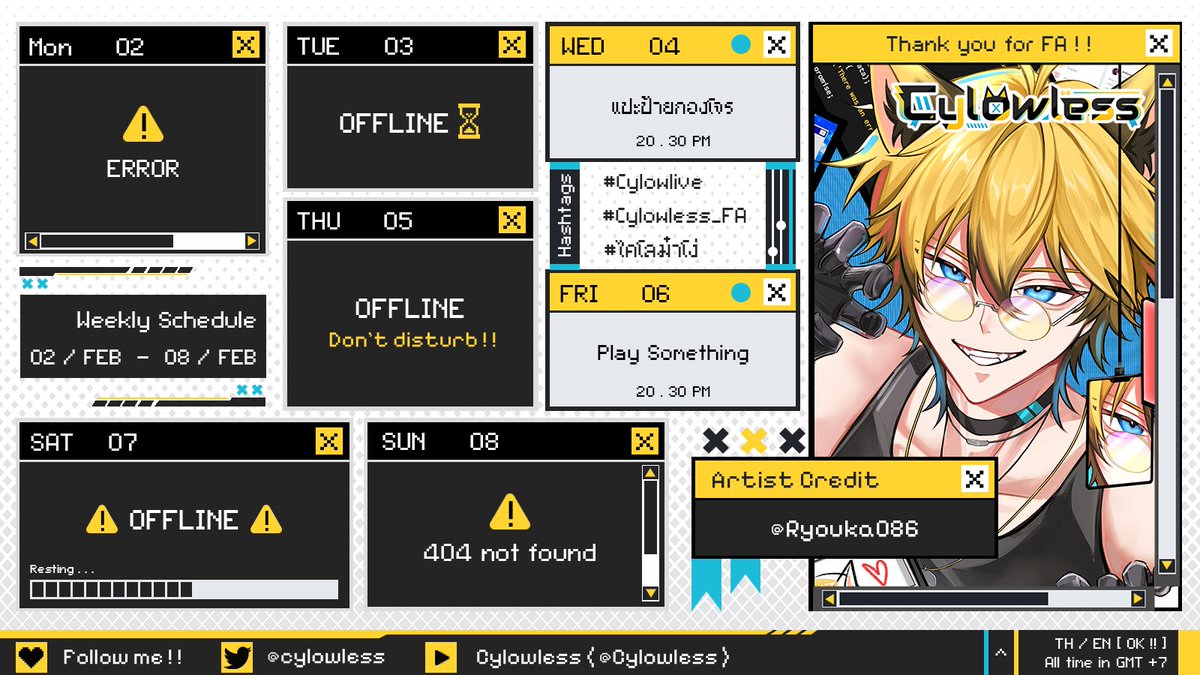 // SCHEDULE DEPLOY //

🗓️ 02 FEB - 08 FEB 2026 (GMT+7)  

#Cylowlive
#VtuberTH