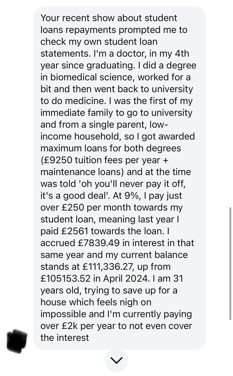 BenKentish's tweet image. Hi again @RachelReevesMP - I got this today from a young doctor from a low-income family. She can’t afford to buy a house because, while she’s paying back £2,560 in student loan repayments a year, you’re charging her interest at a rate of £7,800 a year. 

Which part of this is…