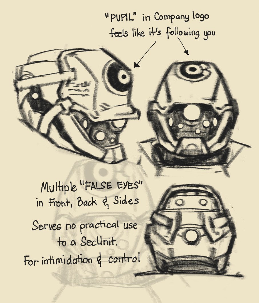 writing some thoughts on the helmet + alt helmet (actually the first one i drew but wanted to experiment on weirder concepts) 