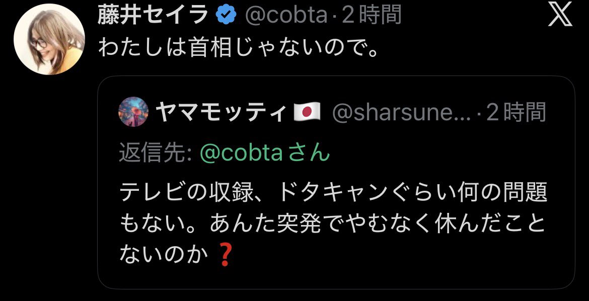 高井総理の病欠を執拗に攻撃してる
一流フェミニストの藤井セイラさん

市民
「あなたは突発で休んだ事ないのか？」

藤井セイラ
「わたしは首相じゃないので」

すごい