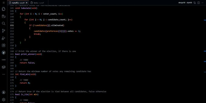 ID_Inyang__'s tweet photo. Day 6 of #90daysofcode     

Finally got help with the problem I was facing yesterday from Richard - a TA from @stake_academy 🙏🏾.

Now I'm back to working on the Runoff Pset. 

#cs50xwithProjectstakeAcademy #learnwithProjectstakeAcademy #13weeksofcode #BuildingPublicly https://t.co/ORWz66vhvx