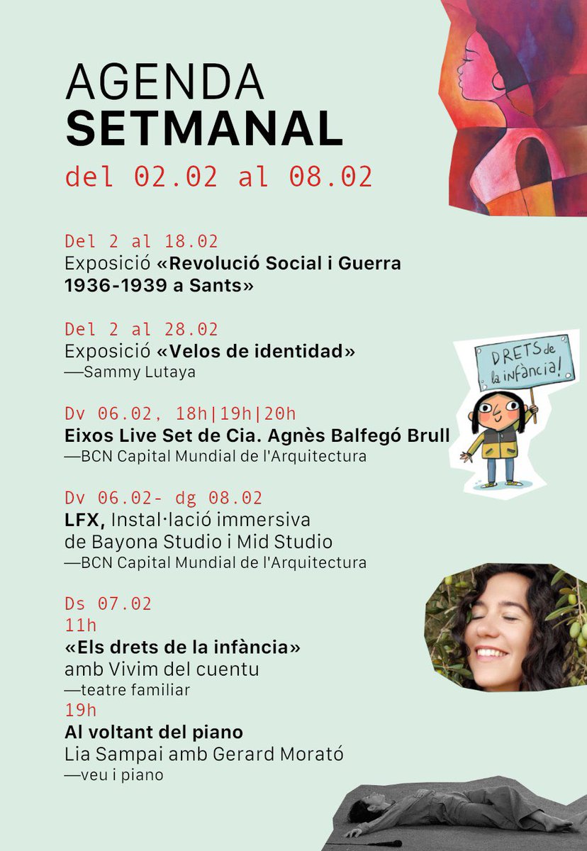 ✨ Aquesta setmana a la Lleialtat... 

💣 Una expo sobre la Guerra Civil a Sants, 🎨 i una de pintura de la dona africana; 🏫 un espectacle de dansa;💡una instal·lació de llum al c/ Dalmau; 📚 una matinal de contes; 🎹 un concert d'autor amb piano i veu.

lleialtat.cat