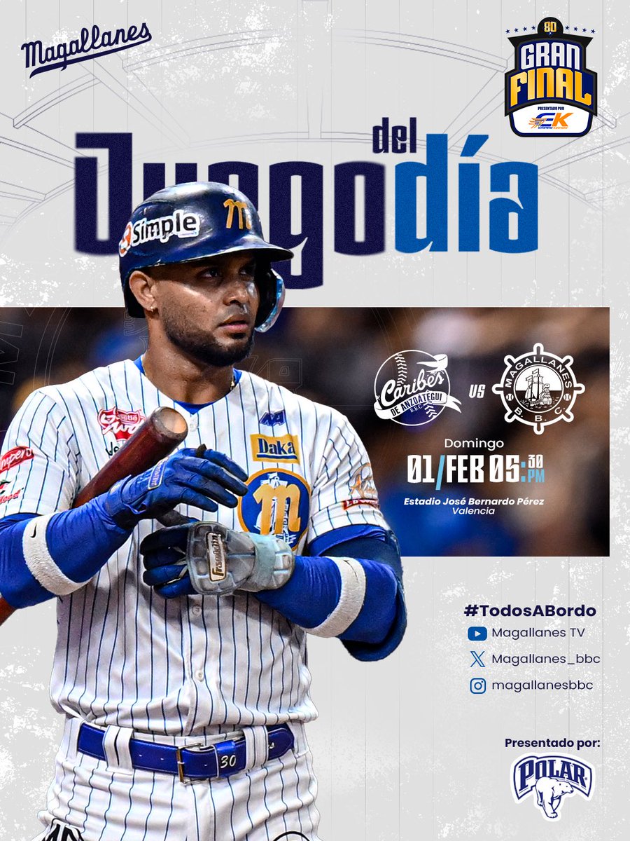 𝐉𝐮𝐞𝐠𝐨 𝐝𝐞𝐥 𝐝í𝐚 ⛴️⚾️

Hoy buscaremos el título en casa frente a <a href="/caribesanz/">Caribes de Anzoátegui</a> 🏹

🏟️ José Bernardo Pérez
🕜 5:30 PM
📺 1Baseball | ByM Sport | Tves | IVC | Televen | Venevisión 
📻 Circuito AM/FM Center

¡Todos a bordo! ⚓️

#Magallanes #TodosABordo