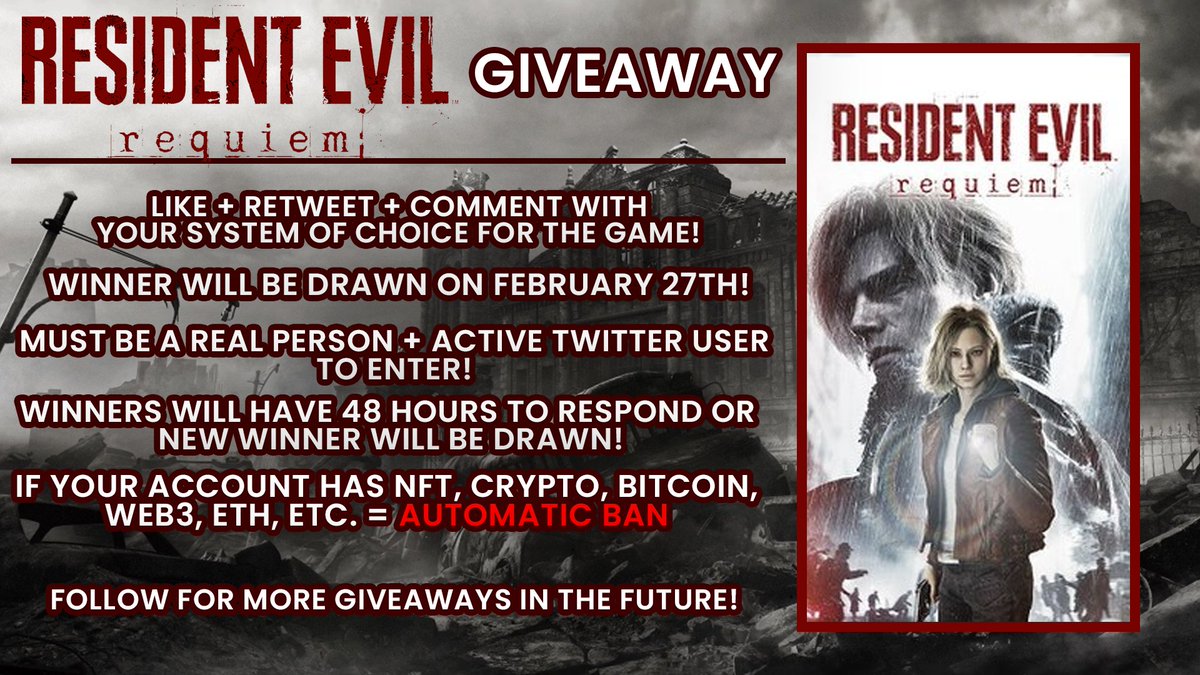 DOING A GIVEAWAY FOR RESIDENT EVIL REQUIEM!!! 🎁🎁🎁

TO ENTER, LIKE + RETWEET + COMMENT WITH YOUR PLATFORM OF CHOICE FOR THE GAME!!! 🎮

WINNER WILL BE ANNOUNCED ON FEBRUARY 27TH!!!

FOLLOW FOR MORE GIVEAWAYS IN THE FUTURE!!!

RULES BELOW:

#ResidentEvilRequiem 
#giveaway