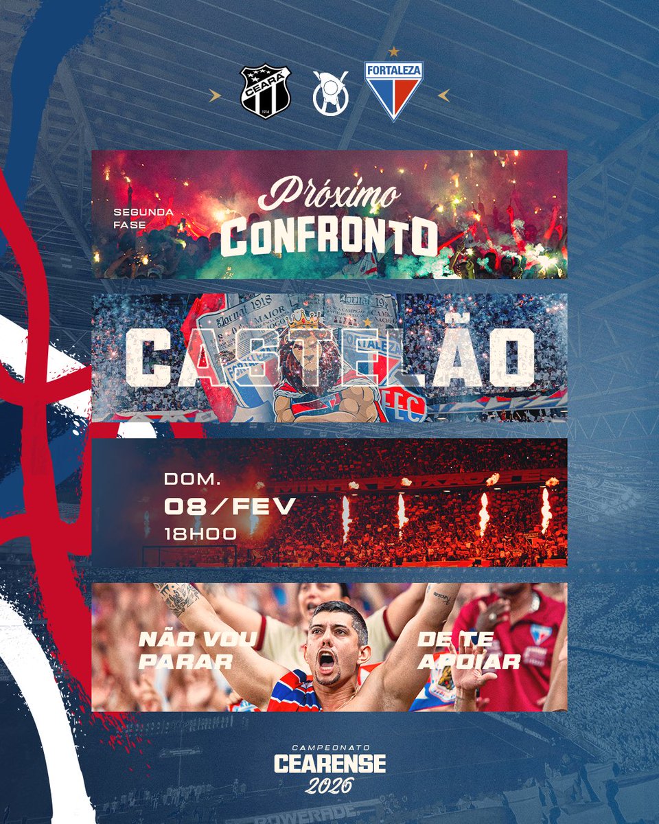 FortalezaEC's tweet image. Primeiro Clássico-Rei do ano! 🦁

Nosso próximo confronto será domingo (8), diante do Ceará, na Arena Castelão, pela terceira rodada da segunda fase do Campeonato Cearense 2026.
 
📅 08/02
⌚ 18h

#FortalezaEC #Cearense2026