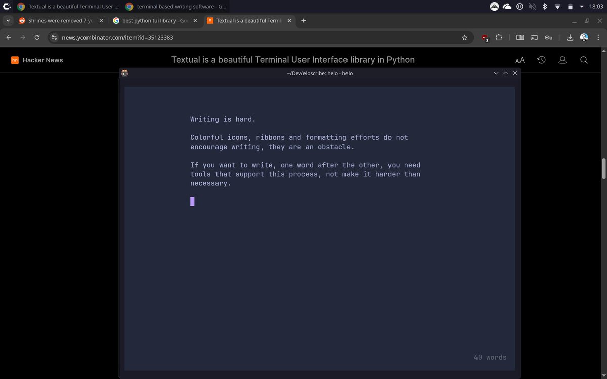 BarrenCode's tweet photo. Writing is hard. Building writing tools is fun. Here is my latest obsession: a terminal-based wordprocessor with full themes, custom padding, distraction-free mode, word count &amp; more, built with Python and Textual #terminal #writing #wordprocessing #indiedev https://t.co/5MBGf39qiG