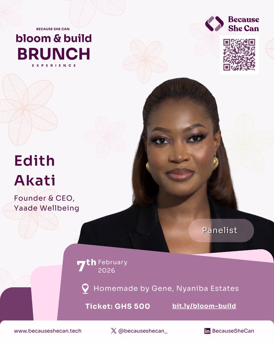 becauseshecan_'s tweet photo. Edith Akati joins the Bloom & Build Brunch panel for an honest conversation on building people-centred, scalable businesses, and what it takes to sustain impact beyond the spotlight.
Feb 7, 2026 | GHS 500 | https://t.co/GYknq2eQUW
Payment issues? DM us.
#BloomAndBuild https://t.co/0CFXOoaSIs