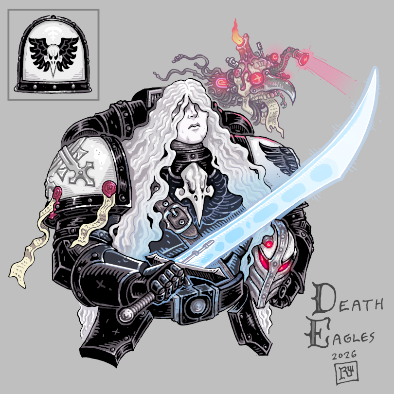 Death Eagles - an ancient space marine chapter of grim repute, risen from the hateful years of blind vengeance and merciless extermination that followed the Horus Heresy. Wearing the eagle's skull and burnt, blackened wings, they were the Imperium's grief and despair personified.