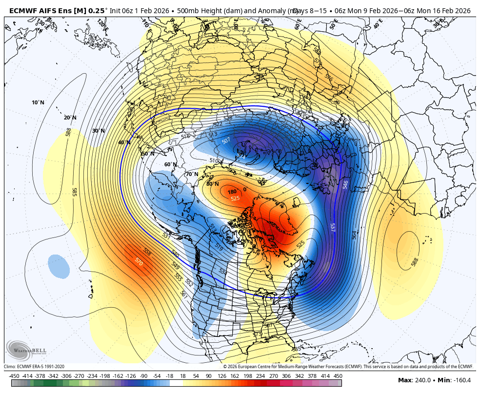 weatherwilly's tweet photo. *Weather Update* (expand to read)

I am very bullish on Feb this year and maintain a target period around 14th for a storm.  Any warmups that are shown or pacific influence will become more muted or short lived as period approaches. 

Impressive -NAO coupled with a polar vortex that continues to be under assault (pic 2) means continued cold. Based on this, models may be struggling over AK and you could end up seeing more ridging vs what's shown below.

What you can end up seeing is energy breaking off the pacific and getting clogged up over the central to eastern CONTUS due to major block. With a southern stream also in the mix its a stormy pattern with locked in cold high pressure to north. The NAO in Feb has a lot of influence vs early in season.

Also this historic cold stretch we are on lasts through the entire week with consecutive days below freezing. A bitter arctic shot with a clipper system tops its all off next weekend. 

Translation: Winter is far from over and cold and stormy conditions are expected though Feb. 

Stay tuned, as we evaluate how my thoughts unfold.
