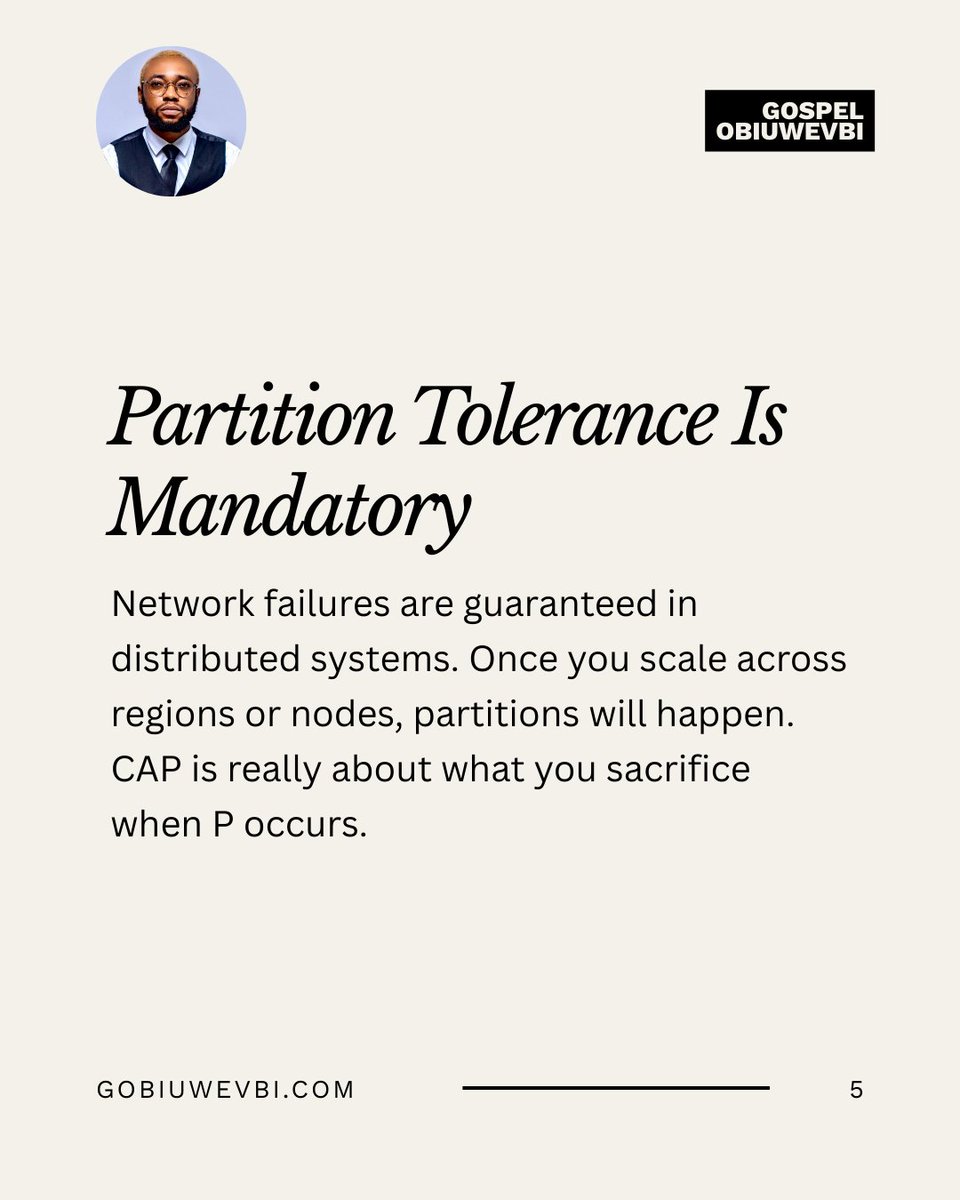 beardedtech_guy's tweet photo. I love the idea of CAP Theorem so much in System Design.

𝗗𝗮𝘆 𝟭𝟴 𝗼𝗳 𝟭𝟬𝟬 — 𝗖𝗔𝗣 𝗧𝗵𝗲𝗼𝗿𝗲𝗺: 𝗔𝗣 𝘃𝘀 𝗖𝗣
#100DaysOfSystemDesign

Most people meet CAP Theorem as three letters and a diagram.
But in real systems, CAP only becomes visible when something breaks.

In a distributed system, servers don’t live in the same room. They talk over networks. And networks fail. When that happens, your system is forced to choose how it behaves.

𝗔 𝗖𝗣 𝘀𝘆𝘀𝘁𝗲𝗺 𝗽𝗿𝗶𝗼𝗿𝗶𝘁𝗶𝘇𝗲𝘀 𝗰𝗼𝗻𝘀𝗶𝘀𝘁𝗲𝗻𝗰𝘆.
If the system cannot guarantee that everyone sees the same, correct data, it would rather stop responding. It protects correctness, even if users experience downtime.

𝗔 𝗔𝗣 𝘀𝘆𝘀𝘁𝗲𝗺 𝗽𝗿𝗶𝗼𝗿𝗶𝘁𝗶𝘇𝗲𝘀 𝗮𝘃𝗮𝗶𝗹𝗮𝗯𝗶𝗹𝗶𝘁𝘆.
It keeps responding to requests even during failures, accepting that some users might see slightly outdated or inconsistent data for a short time.

This is not a technical preference.
It’s a product decision.

Now let’s make it real.

Think of a growing restaurant 🍽️

A CP-style restaurant is cautious. If the order system loses connection to the kitchen, the staff pauses new orders. Customers might be frustrated, but no one gets the wrong meal. Accuracy and trust come first.

An AP-style restaurant keeps serving. Even if the kitchen and front desk are temporarily out of sync, meals still go out. Some orders might arrive late or slightly wrong, but the restaurant stays open and active.

Both restaurants are well-run.
They just optimize for different risks.

Banking apps, payment systems, and inventory platforms often behave like CP systems.
Social media feeds, messaging apps, and content platforms behave more like AP systems.

Good system design is not about eliminating failure.
It’s about deciding how your system fails when failure is unavoidable