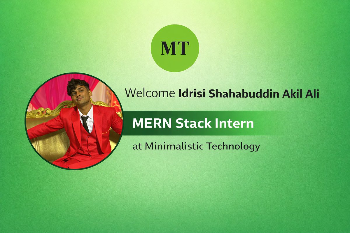 TechMinimalists's tweet photo. Welcome Idrisi Shahabuddin Akil Ali to Minimalistic Technology &amp; Minimalistic Learning as a MERN Stack Intern 🚀

Excited to see his journey in full-stack development!

#MERNStack #Internship #TechCareers #FullStack #MinimalisticTechnology https://t.co/4L0oyKPckq