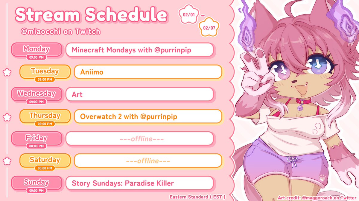 miaocchi's tweet photo. 📌
✧˖° Schedule for 02/01  ➜  02/07 .ᐟ.ᐟ  °˖✧

It's a fully packed schedule this week with some more Aniimo which I've been obsessing over offline honestly. ( So sad beta stuff won't transfer, I've gotten attached. :'(( ) https://t.co/0cAFJ6C1i2