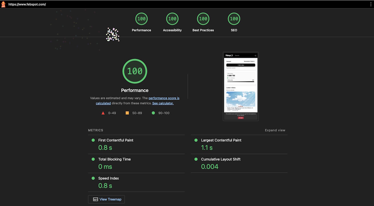 febspot's tweet image. 🚀 Febspot Achieves a Perfect 100/100 Lighthouse Score After UI Optimization. The update improves performance, usability, and SEO, highlights 3M+ user-uploaded videos, and adds faster access to video uploads. febspot.com