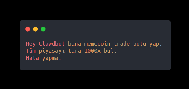 flaxsed's tweet photo. Hey Clawdbot bana memecoin trade botu yap.
Tüm piyasayı tara 1000x bul.
Hata yapma. https://t.co/64UT9LQ48V