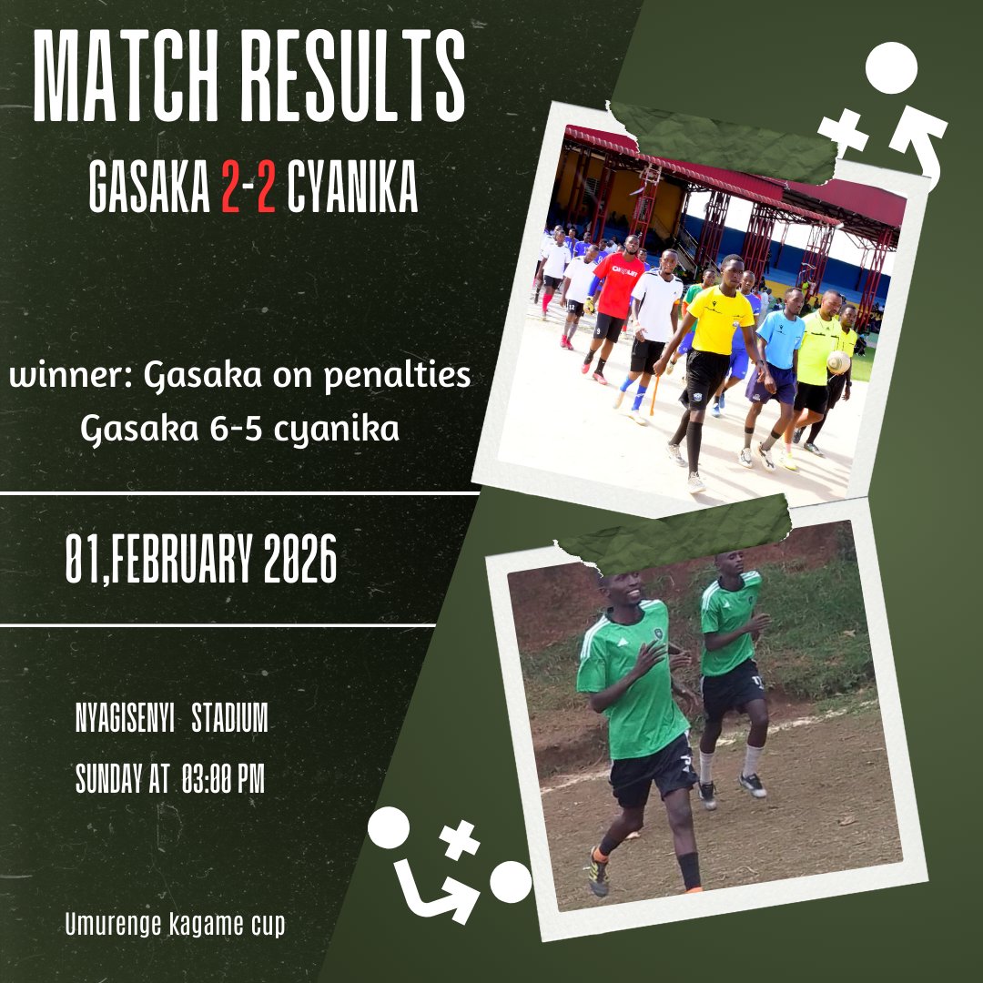 Ibirori byo kwizihiza #Umunsi w'#Intwari2026 i <a href="/Nyamagabe/">Nyamagabe District</a>
kuri stade ya #Nyagisenyi  imikino y'umurenge #KAGAMECUP, yahuzaga #cyanika vs #Gasaka abahungu ba #Gasaka batsinze kuri penalty 6-5 nyuma yo kunganya ibitego 2-2, naho abakobwa ba @Gasaka batsinda @Mbazi igitego 1-0