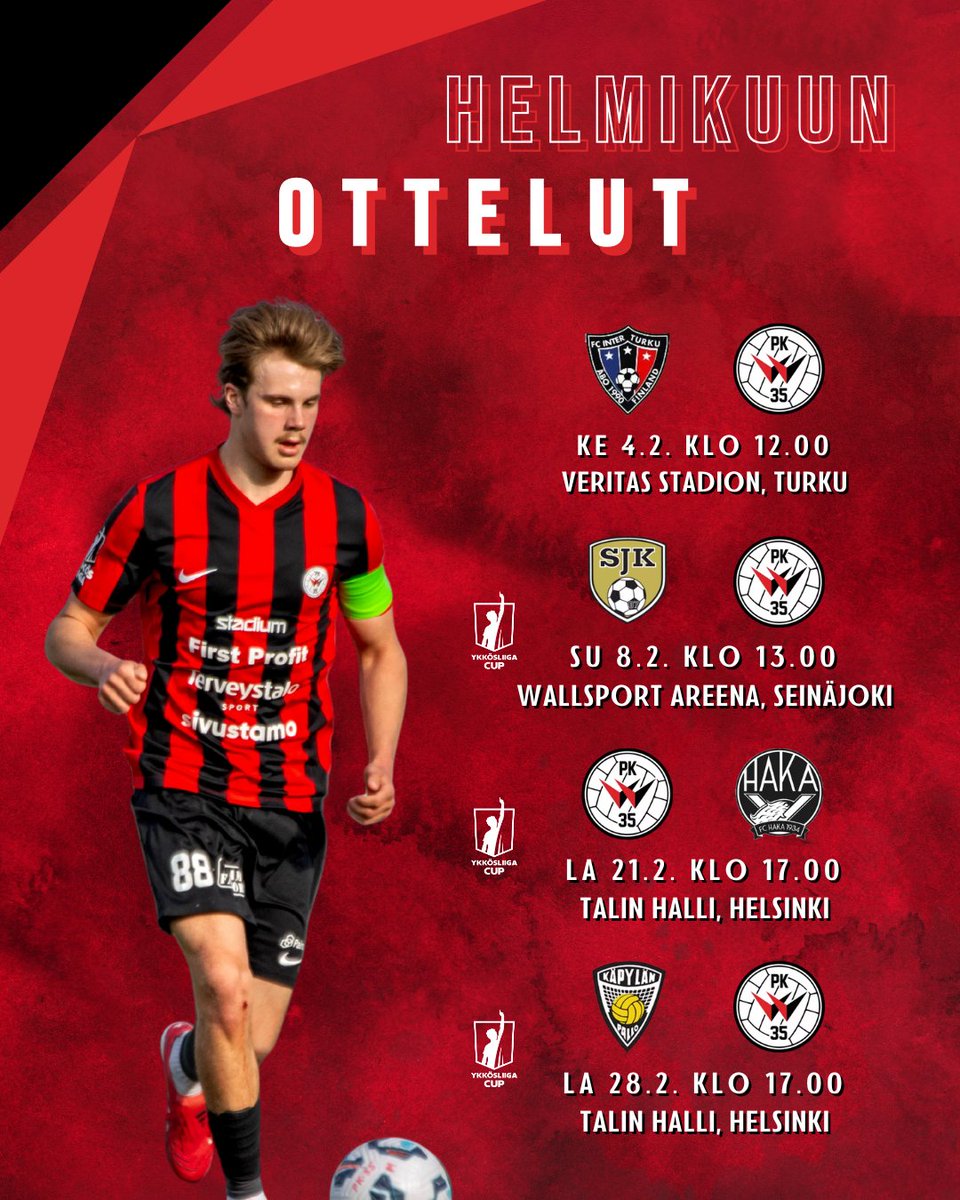 Katseet helmikuuhun 🔴⚫

Kalenteriin kannattaa merkata ennen kaikkea kotimatsimme FC Hakaa vastaan!

Helmikuun ottelut:
4.2. FC Inter – PK-35, harjoitusottelu
8.2. SJK Ak – PK-35, Ykkösliigacup
21.2. PK-35 – FC Haka, Ykkösliigacup
28.2. KäPa – PK-35, Ykkösliigacup

#Ykkösliiga