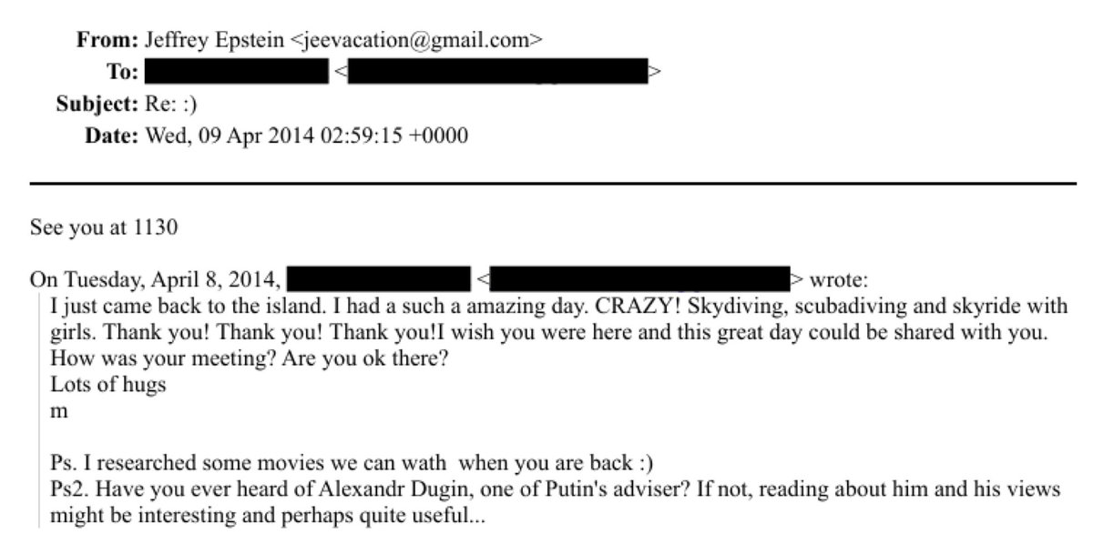 💥Here is a correspondent of Epstein's advising him in 2014 to read up on “Alexandr Dugin, Putin's adviser,” suggesting that it might be “interesting and perhaps quite useful.”
justice.gov/epstein/files/…
