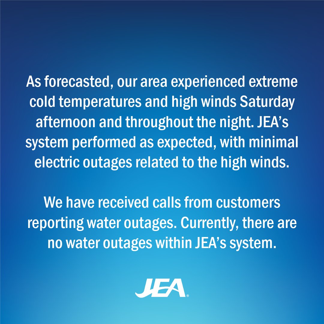 NewsfromJEA's tweet photo. Important Update for Our Customers: 
Please take a moment to read the latest information about the recent extreme cold and high winds in our area. Thank you for staying connected with JEA. https://t.co/vydN3O2j42 https://t.co/EBXVutI3Nz