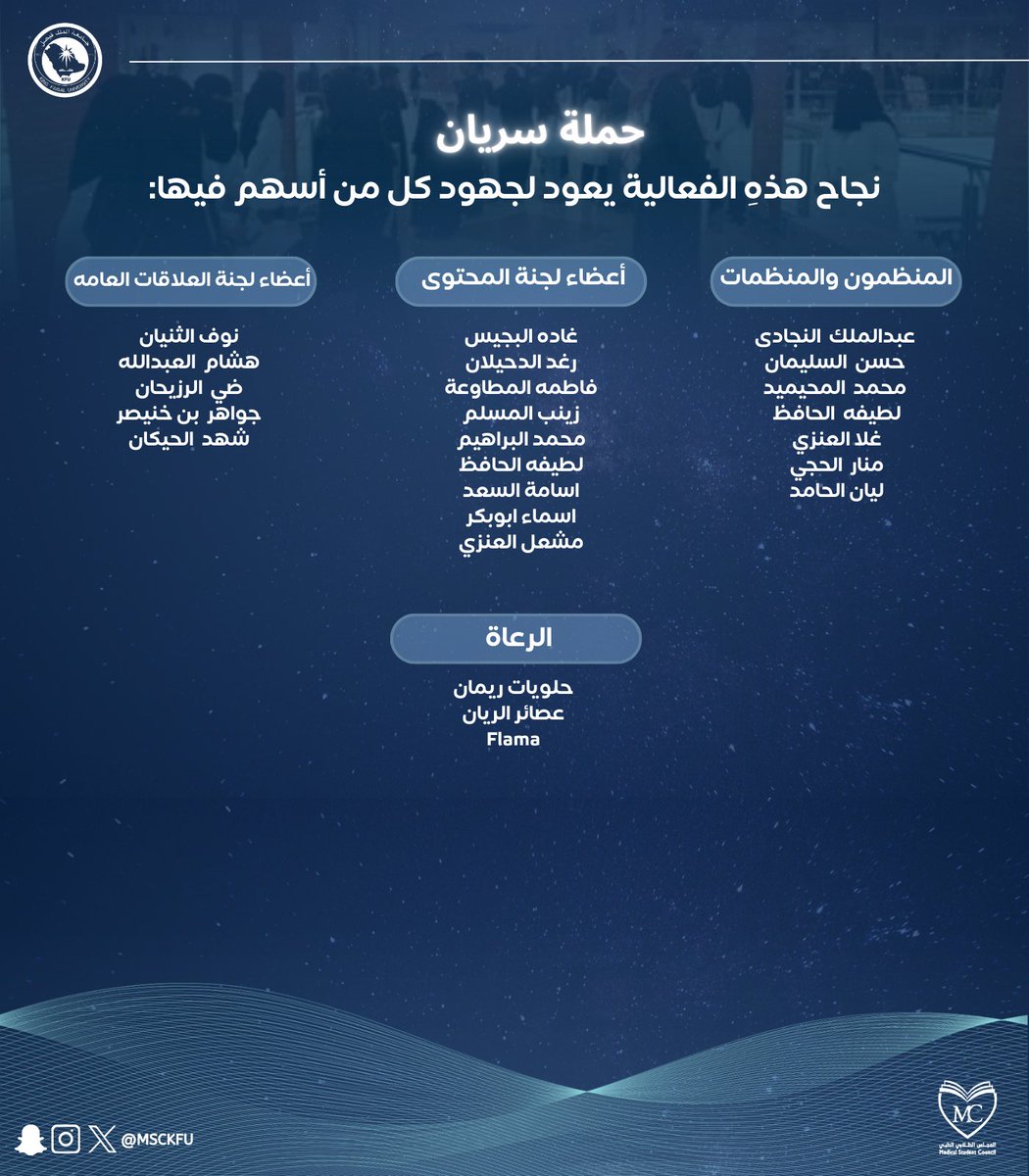 MSCKFU's tweet photo. بدعم شركائنا، وبجهود فريق العمل، وبحضور المجتمع، اكتمل سَريان… ✨

شكرًا لكل من آمن بالفكرة، وشارك، وساهم في نشر الوعي، لأن الصحة تبدأ بخطوة…والوعي هو أولها.. https://t.co/VUwscKfiIS