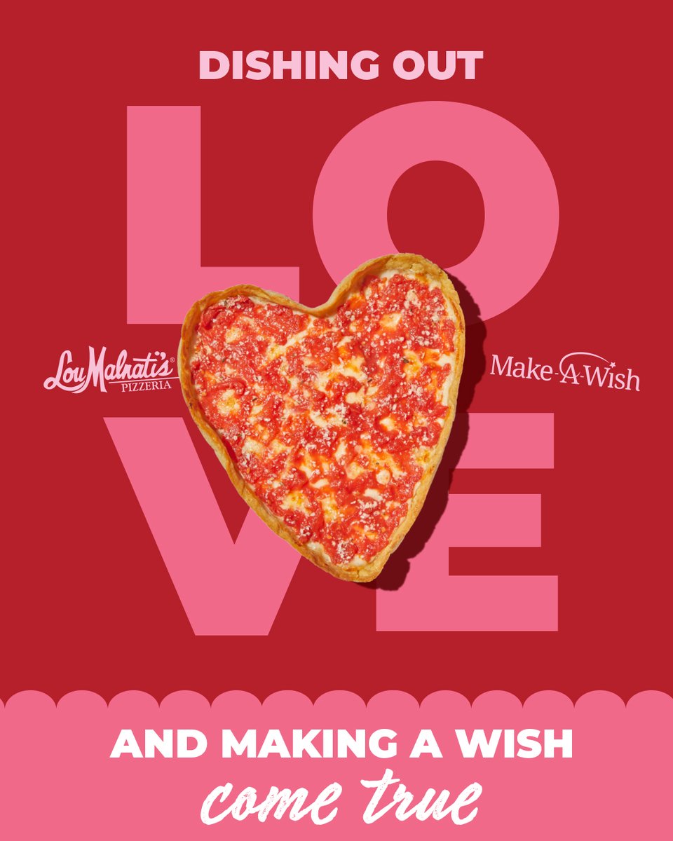 LouMalnatis's tweet image. Heart-shaped deep dish is officially back, and we’re dishing out some LOVE! ❤️🍕

This February, for every heart-shaped pizza ordered this month, Lou Malnati’s will donate $1 to Make-A-Wish to help grant life-changing wishes for kids facing critical illness.