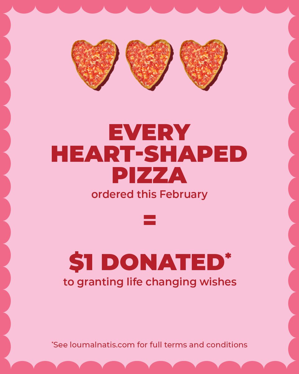 LouMalnatis's tweet image. Heart-shaped deep dish is officially back, and we’re dishing out some LOVE! ❤️🍕

This February, for every heart-shaped pizza ordered this month, Lou Malnati’s will donate $1 to Make-A-Wish to help grant life-changing wishes for kids facing critical illness.
