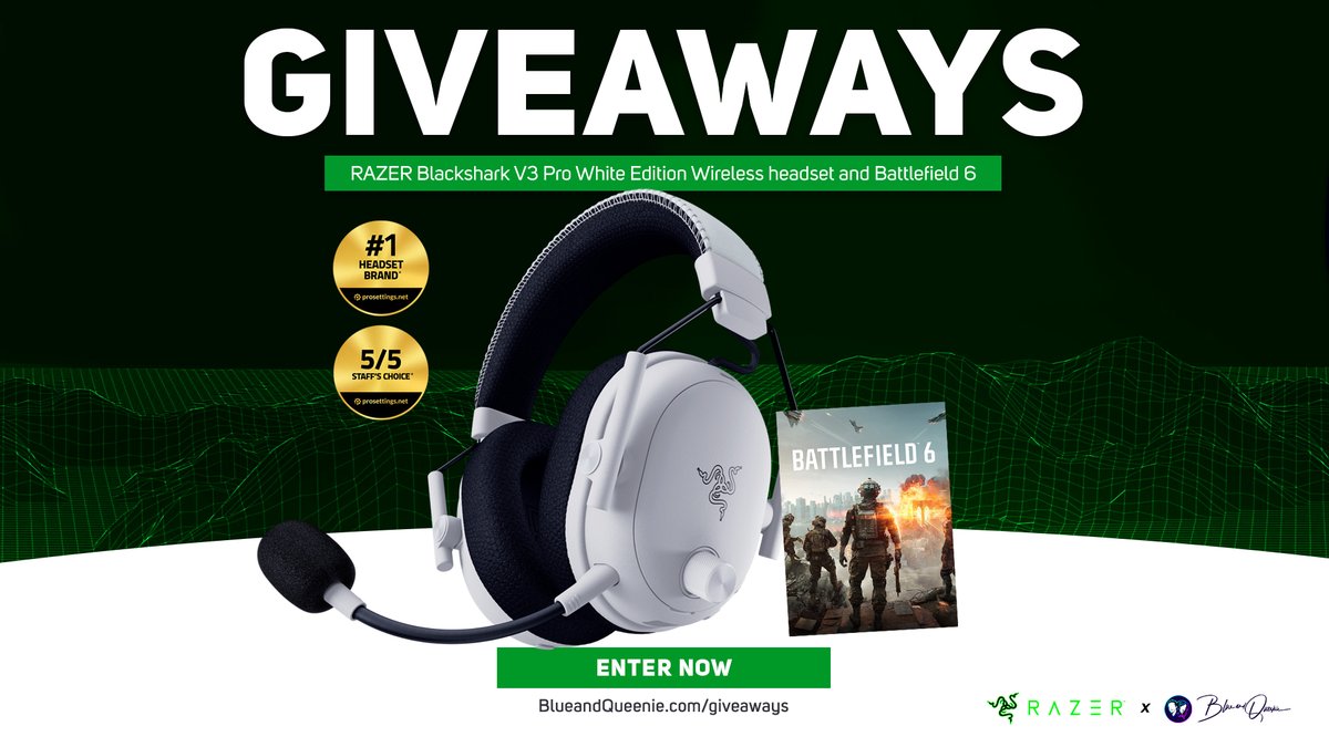 💚 ELITE RAZER HEADSET #GIVEAWAY 💚

We're teaming up with RAZER to give you a chance of winning their #1 Blackshark V3 Pro wireless headset in elite white edition and a copy of BF6!

🔹Follow <a href="/QueenieandBlue/">Row Queenie 🏳️‍🌈</a>
🔸Tag a friend
🔸Retweet
📢 Enter blueandqueenie.com/giveaways #ad