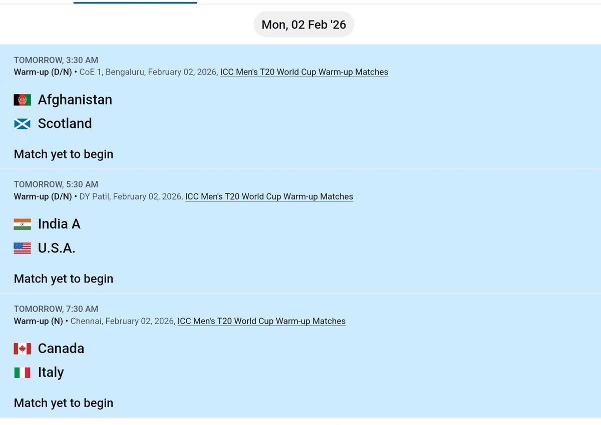 cricinfoblue's tweet photo. @CricCrazyJohns @Sahil_Malhotra1 #t20cwc2026 Warm up matches schedule is out. (Start times are shown in US time๐คฃ below) https://t.co/HIbi3y25eE