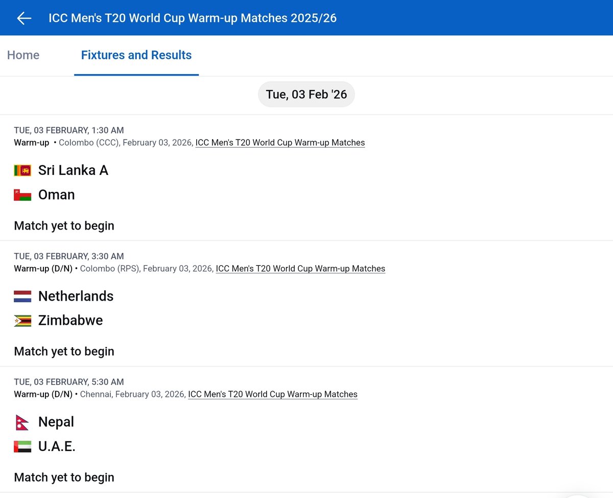 cricinfoblue's tweet photo. @CricCrazyJohns @Sahil_Malhotra1 #t20cwc2026 Warm up matches schedule is out. (Start times are shown in US time๐คฃ below) https://t.co/HIbi3y25eE