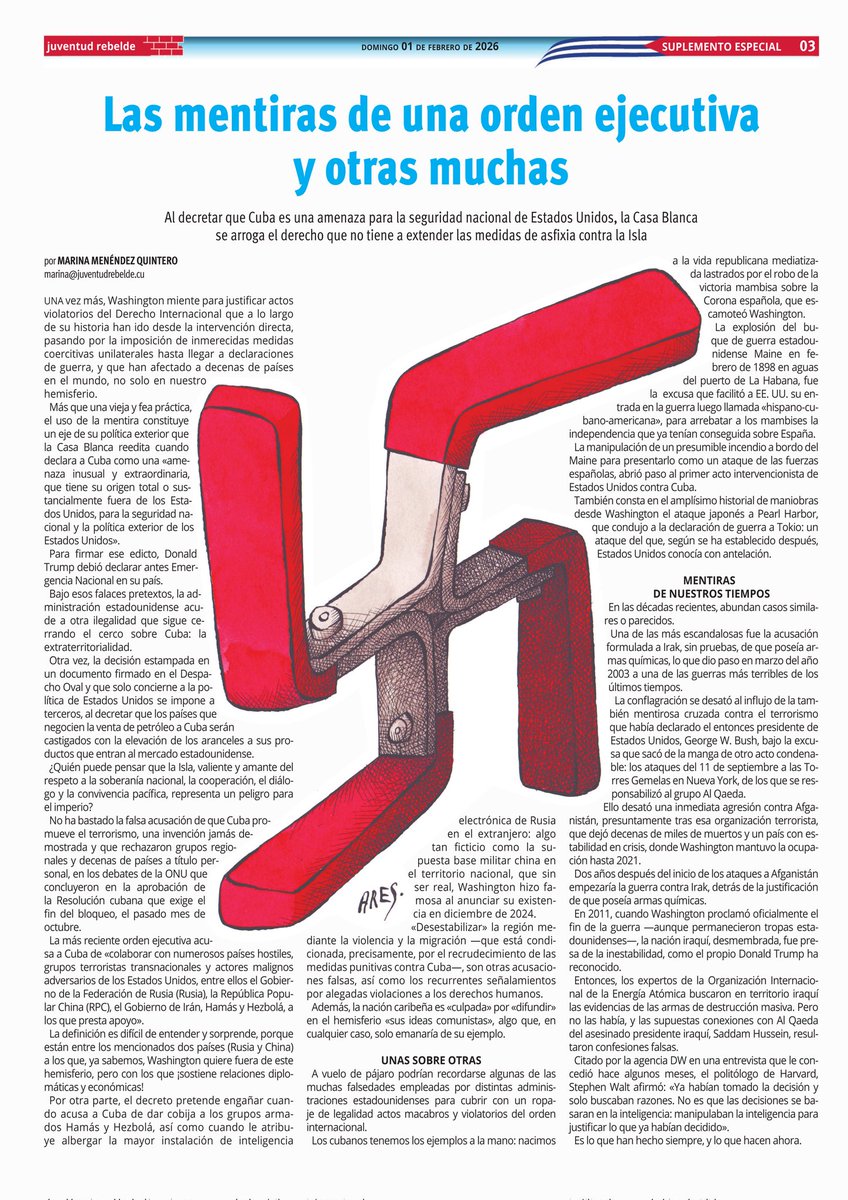 YunielLabacena's tweet photo. En ocho páginas, un suplemento especial de @JuventudRebelde teje un análisis sobre la más reciente escalada de Estados Unidos contra #Cuba.  La orden ejecutiva del 29 de enero del presidente Trump es un nudo más en la larga soga destinada a ceñir la voluntad de una nación. https://t.co/5XK0yzVaYR