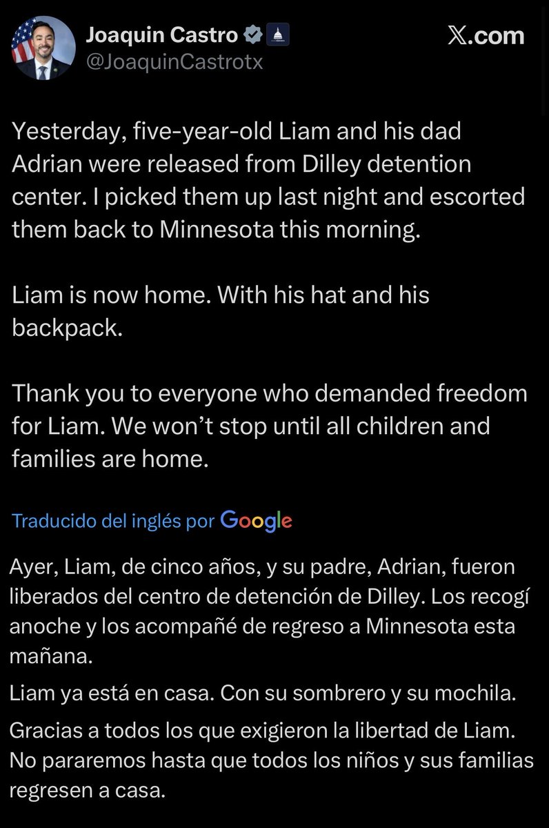 El pequeño ecuatoriano Liam Conejo, detenido por el ICE y llevado a un centro de migración fue liberado gracias al pedido (no del gobierno 🇪🇨) si no del congresista estadounidense Joaquín Castro.