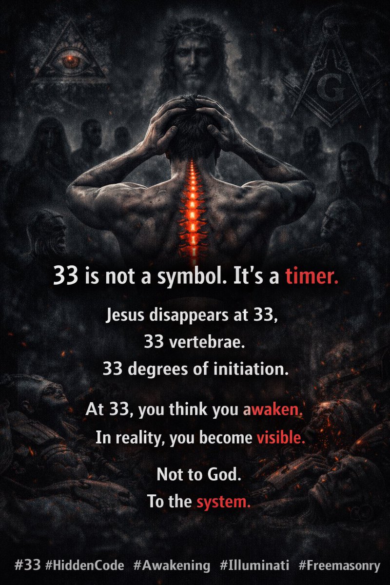 charalexlegacy's tweet photo. 33 is not a symbol. It’s a timer.
Jesus disappears at 33.
33 vertebrae.
33 degrees of initiation.

At 33, you think you awaken.
In reality, you become visible.

Not to God.
To the system.

#33 #HiddenCode #Awakening #Illuminati #Freemasonry #Control #NoCoincidence #CharAlexLegacy https://t.co/0gCiicfxfG