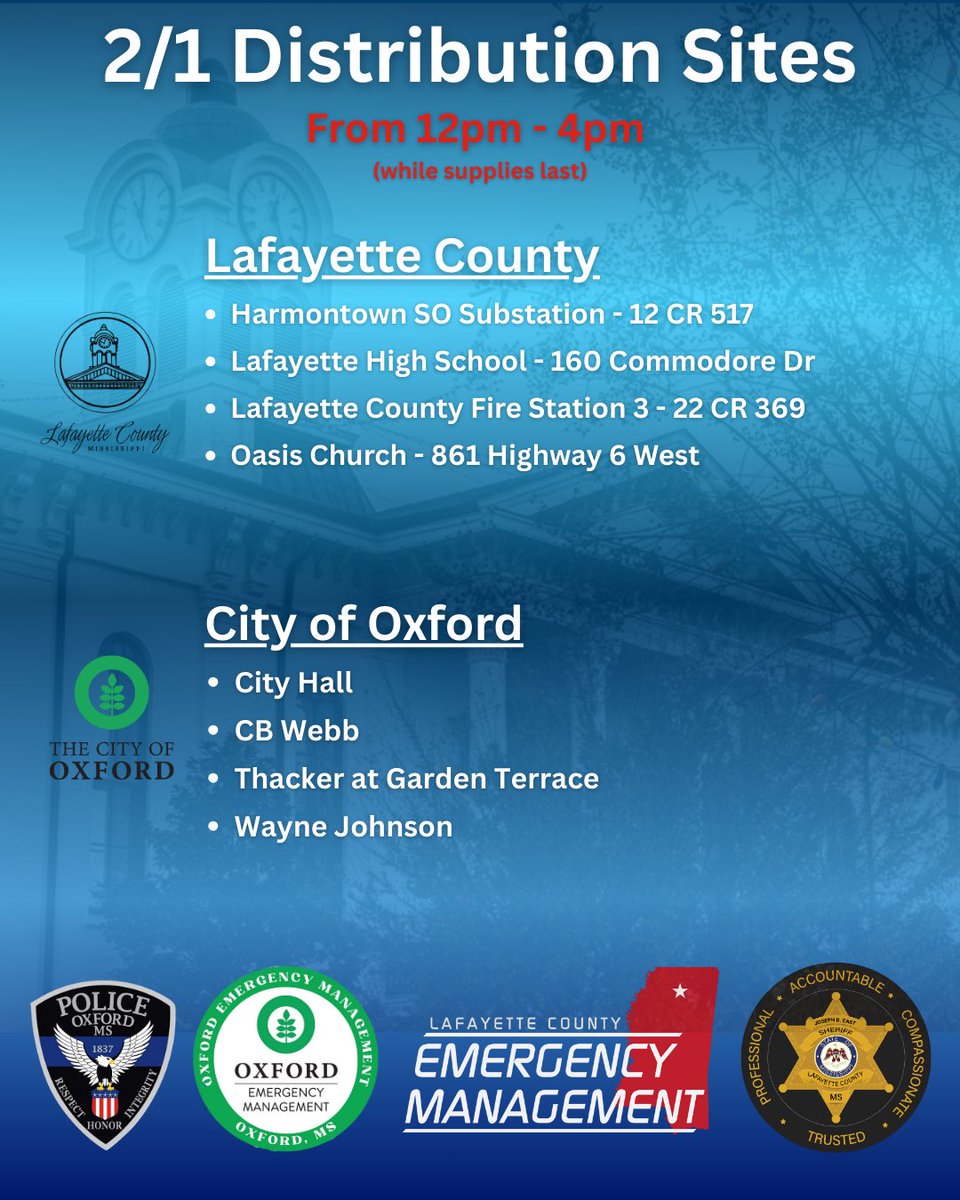 LafayetteEMA's tweet photo. (2/1)🚰🍽️ MREs &amp; Water Distribution Sites
🕛 12:00 PM – 4:00 PM (while supplies last)

⚠️ Distribution Limit: We will provide up to 3 days’ worth per person to help ensure supplies reach as many residents as possible. https://t.co/6fy2KmkS9X